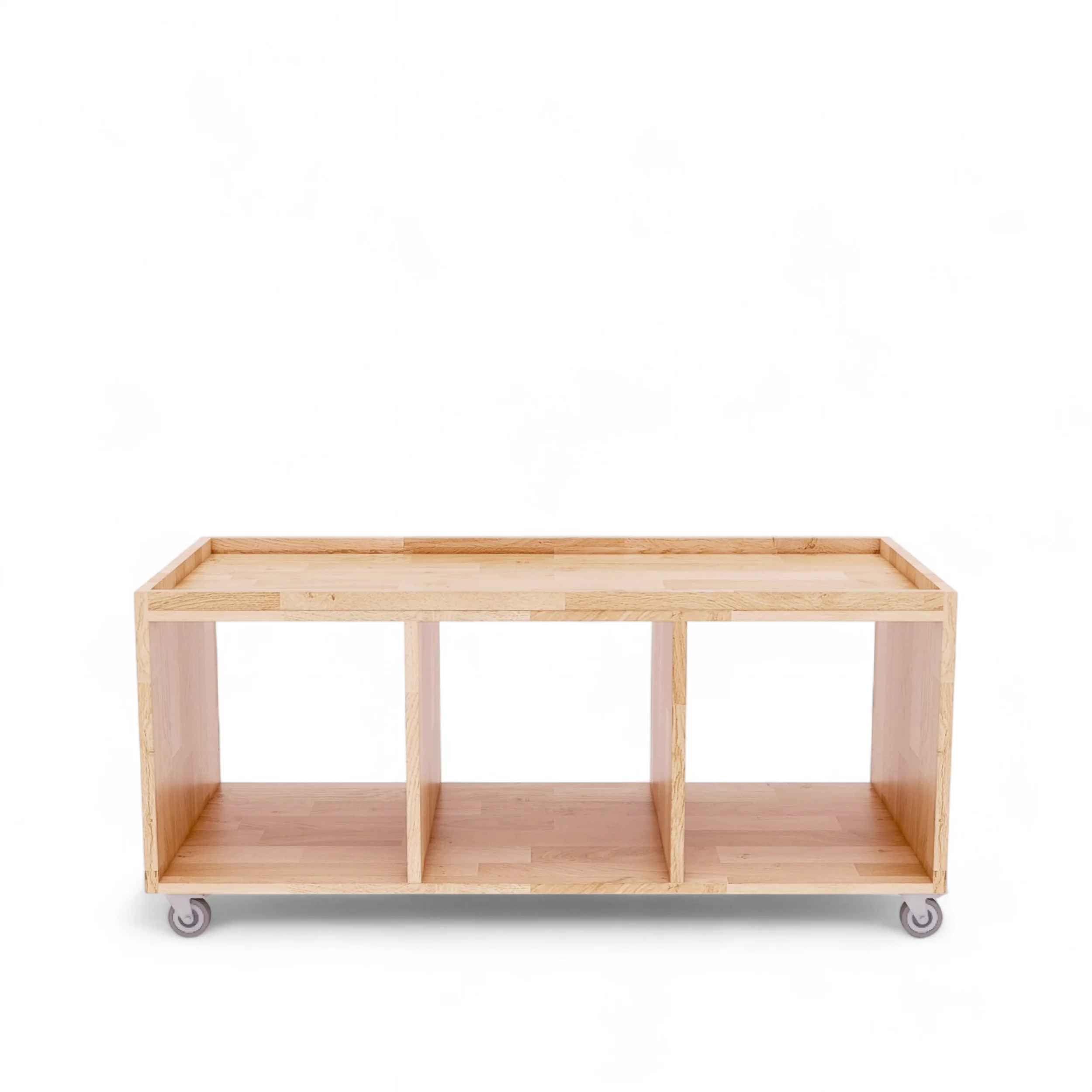 A low, three-cubby mobile shelf unit with a natural finish, creating a warm and inviting feel for an indoor early learning environment, shown against a clean white background.