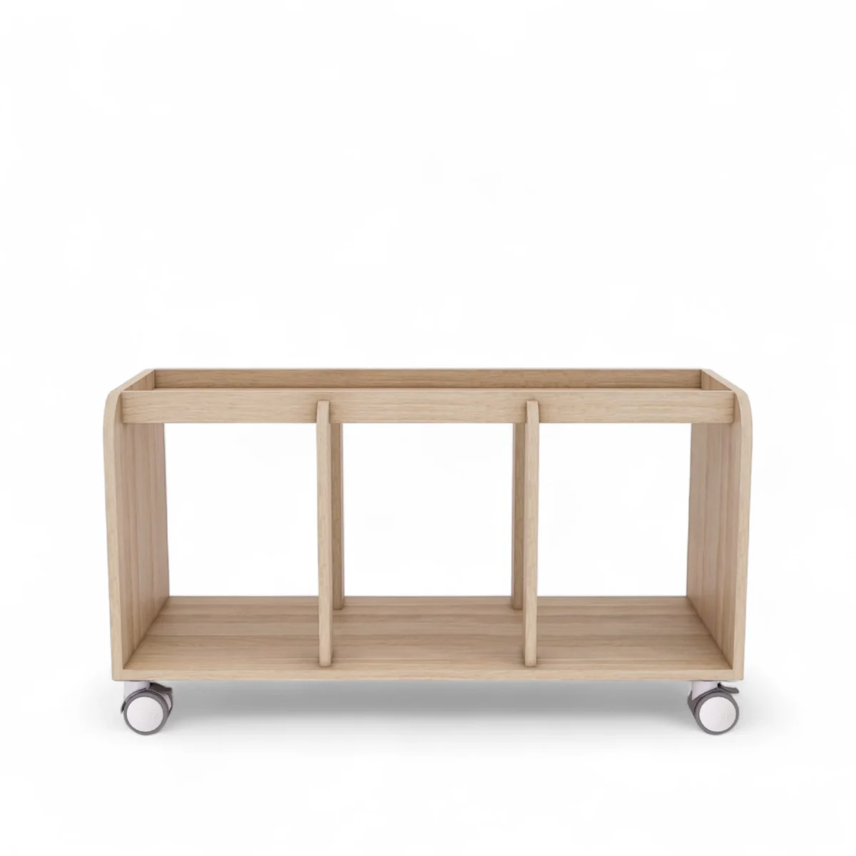gro-egg-cushion-storage-unit-front-view A mobile storage trolley with a natural, light-toned finish, creating a warm and inviting feel for an indoor early learning space. The unit has three vertical dividers and smooth, rounded edges.